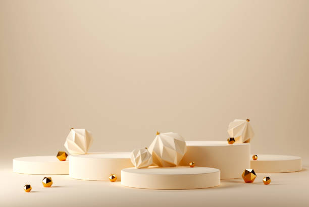 3D abstract Christmas light background with beige geometic Christmas ornaments