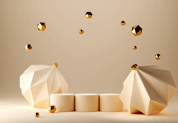 istock 3D abstract Christmas light background with beige geometric Christmas ornaments 1438257673