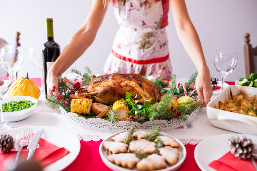 Unrecognizable woman serving delicious homemade Christmas meal on the table.