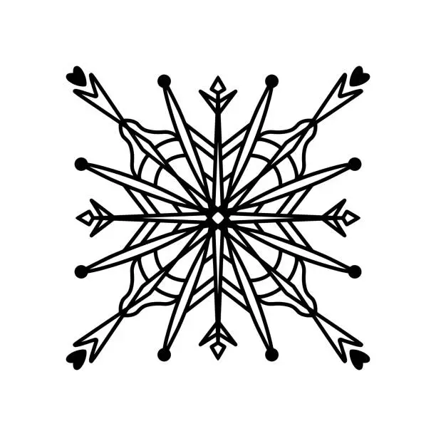 Vector illustration of Snowflake vector icon. Simple line art, black outline. Illustration isolated on white. Winter symbol - ice crystal, freeze. Christmas clipart geometric shape. Flat element for cards, textile, prints