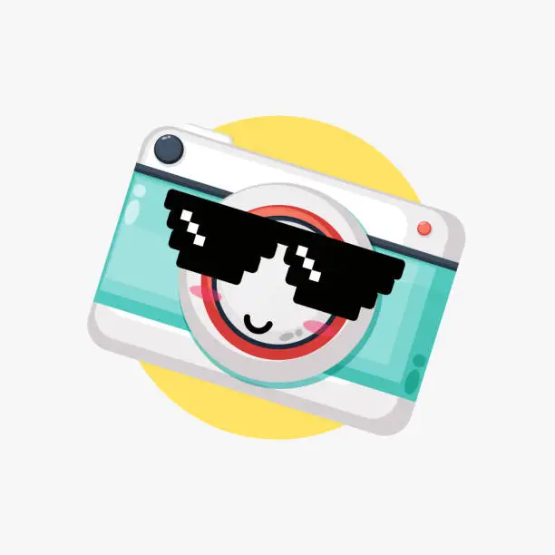 Vector illustration of Cute camera wearing pixel glasses