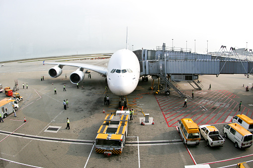 China, Hongkong - March 25, 2007: First offical inauguration Flight with Airbus and Lufthansa from Frankfurt to Hongkong and vice versa with the A380   in Hongkong. morgens