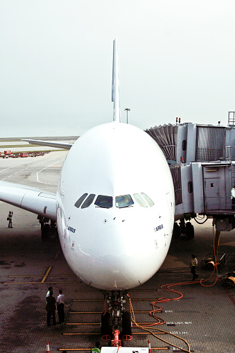 Frankfurt, Germany - March 25, 2007: First offical inauguration Flight with Airbus A380 and Lufthansa from Frankfurt to Hongkong and vice versa with the A380.