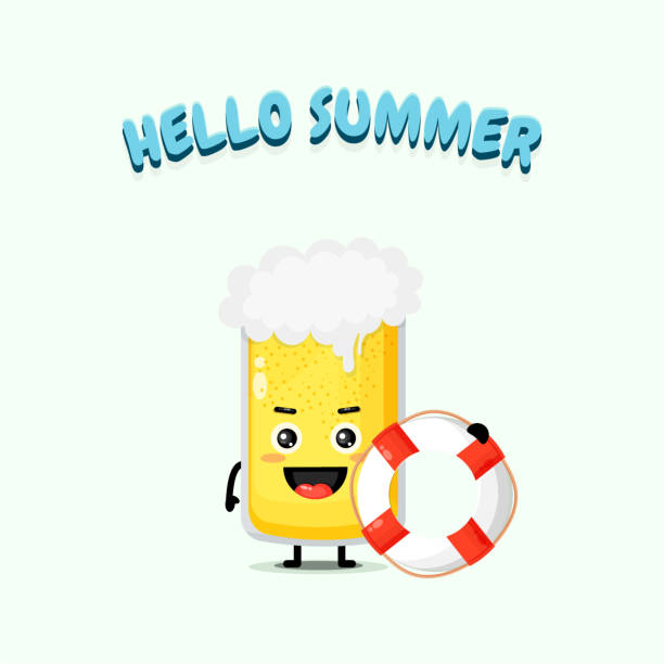 Cute beer mascot carrying a float with summer greetings Cute beer mascot carrying a float with summer greetings whipped cream dollop stock illustrations