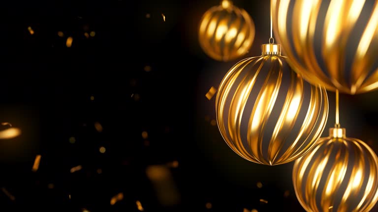 Happy New Year golden rotating baubles with falling glitter, Christmas decoration. Realistic 3d render metall gold balls loopable animation on black background
