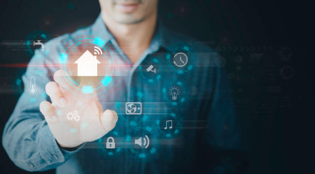 istock Smart home automation assistant on a virtual screen and a user touching a button, internet of things (IOT) connected objects in the  home interior Innovation technology internet Network Concept. 1438266728