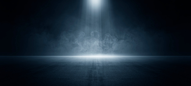 A dark empty street, dark blue background, an empty dark scene, neon light, spotlights The asphalt floor and studio room with smoke float up the interior texture. night view