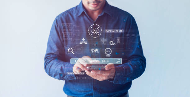 istock Men use smartphones to find, Search information data on internet networking concepts for managing search engine optimization SEO with social media content and advertisement from websites 1438266765