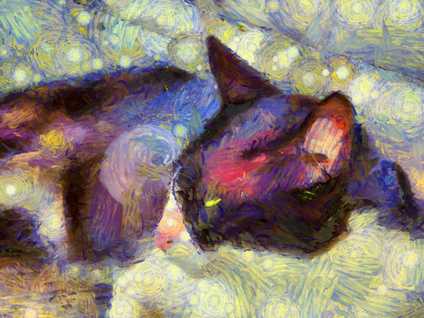 istock Black and white cat with yellow eyes Illustrations creates an impressionist style of painting. 1438267500