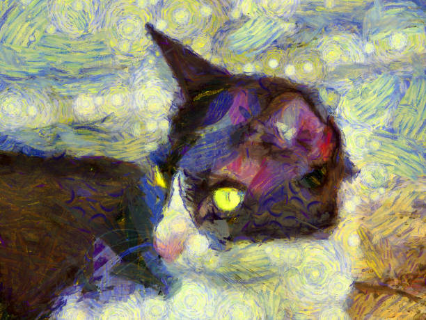 istock Black and white cat with yellow eyes Illustrations creates an impressionist style of painting. 1438267608