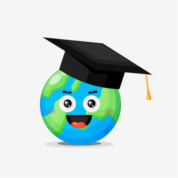 Vector illustration of A graduation cap on a globe with a happy expression
