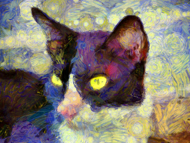 istock Black and white cat with yellow eyes Illustrations creates an impressionist style of painting. 1438268933