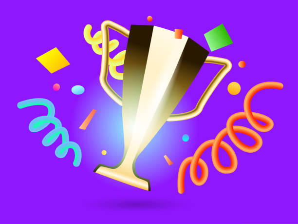 istock 3D golden cup of the winner with confetti on a purple background. 1438270435