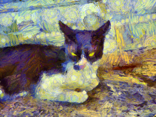 istock Black and white cat with yellow eyes Illustrations creates an impressionist style of painting. 1438271568