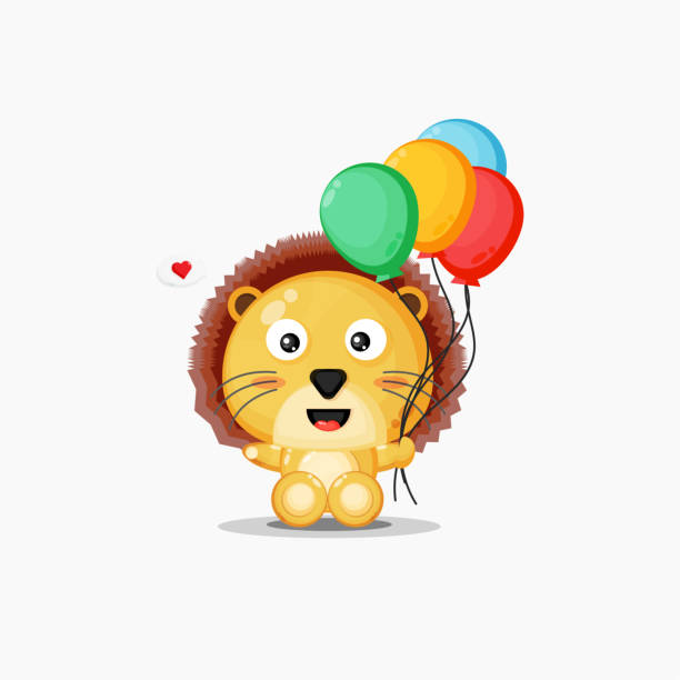 illustrations, cliparts, dessins animés et icônes de mascotte de lion mignon portant des ballons - big cat fun cute yellow