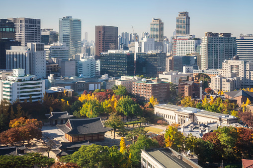 Office buildings in downtown Seoul, with the Changdeokgung Palace in the foreground.