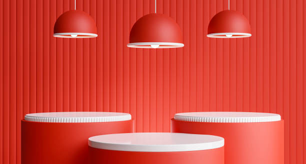 istock 3d render of red podium with light bulb for product display. 1438274193