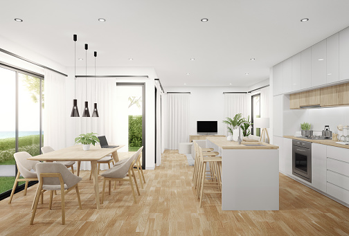 White home interior 3d rendering with sea view.