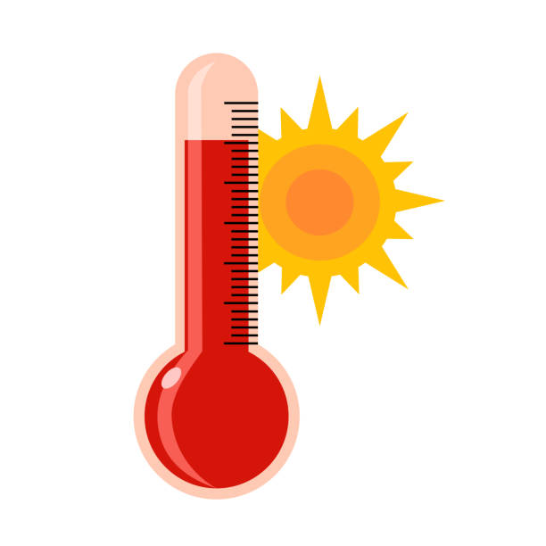 Thermometer with sun in flat design on white background. Hot summer heat weather concept vector illustration. Thermometer with sun in flat design on white background. Hot summer heat weather concept vector illustration. heatwave stock illustrations