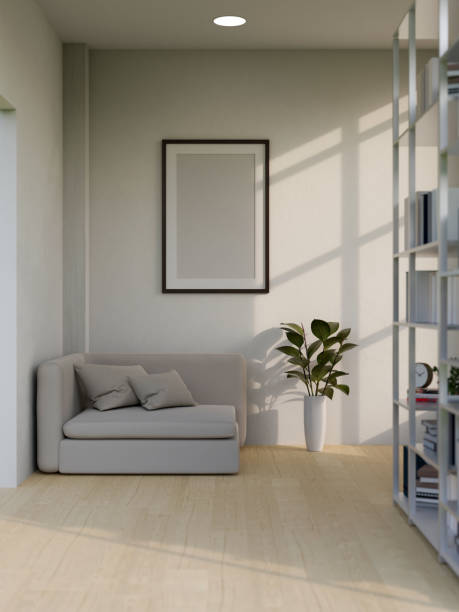istock Modern minimal home living room with sofa, plants, book shelves, frame mockup on white wall 1438277765