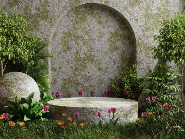istock Concrete podium in tropical forest for product presentation and wall moss background. 1438278235
