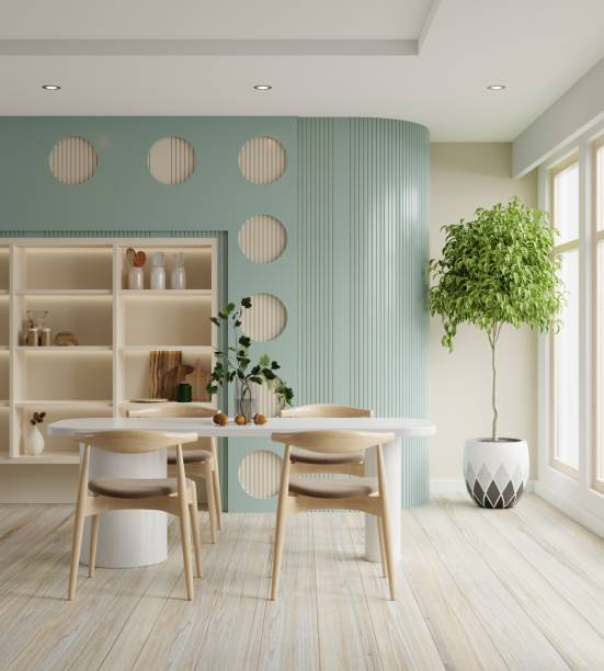 istock Minimal dining room interior design,Bright spacious dining room,Blue wall. 1438278277