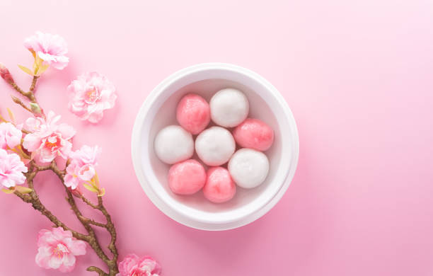 tang yuan (palline di gnocchi dolci), una cucina tradizionale per metà autunno, dongzhi (solstizio d'inverno) e capodanno cinese con fiori di prugna su sfondo pastello. - zucca delicata foto e immagini stock