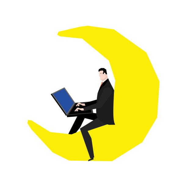 istock Freelancer on Moon. Man with laptop is sitting on moon. Concept of remote work anywhere. 1438284754