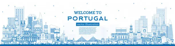 Vector illustration of Welcome to Portugal. Outline City Skyline with Blue Buildings.