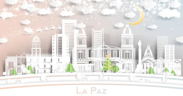 Vector illustration of La Paz Bolivia City Skyline in Paper Cut Style with Snowflakes, Moon and Neon Garland.