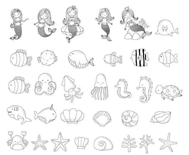 illustrations, cliparts, dessins animés et icônes de sirène avec des poissons et des créatures marines dessin animé, grand contour de décor style dessiné à la main, pour l’impression, carte, t-shirt, bannière, produit.illustration vectorielle - poisson porc épic