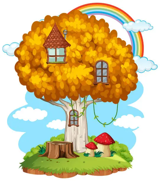 Vector illustration of Fairy tree house with rainbow