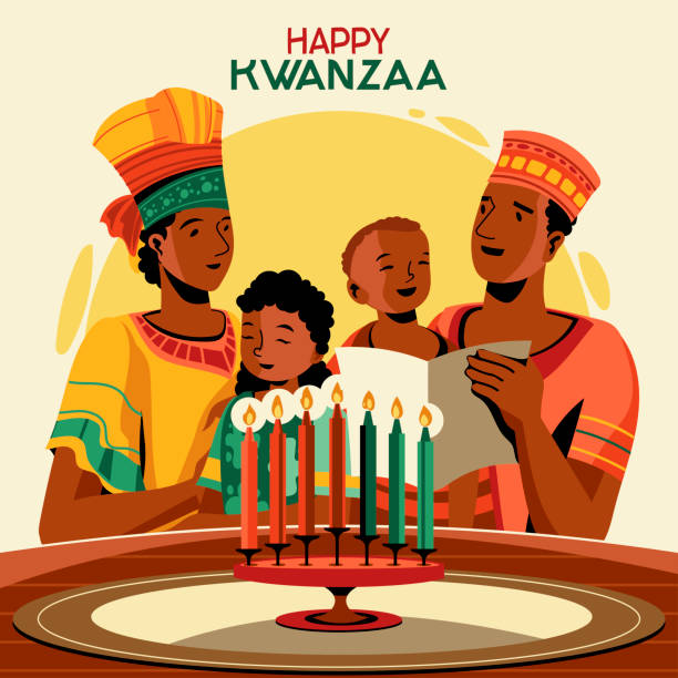 Kwanzaa holiday concept with decorate seven candles and family gathering Kwanzaa holiday concept with decorate seven candles and family gathering kwanzaa stock illustrations