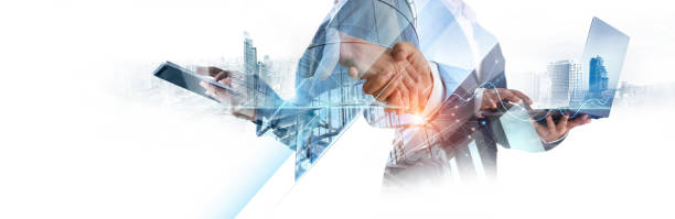 Digital technology, Business network connection, Teamwork, Deal, Partnership and data exchange, Investment analysis, planning and  strategy. Businessman working with digital device on smart city.