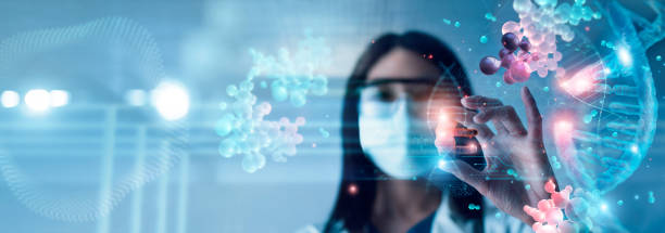 istock Abstract luminous DNA molecule. Scientist holding and cut dna for checking with analysis chromosome DNA genetic of human on virtual interface. Medicine, Medical science and biotechnology. 1438292701