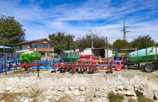 Bucharest, Romania - September 25, 2022: Modern agricultural machinery for planting and harvesting at parking