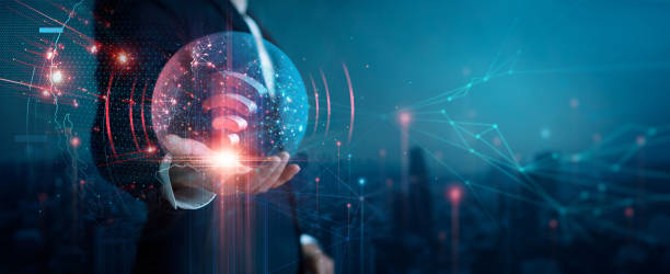 istock Businessman holding Global telecommunication network connection. Wireless Communication. Cyber technology and smart internet network modernization on dark blue cityscape background. 3D render. 1438293815