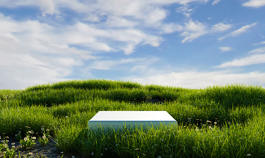 White minimal podium in green grassland with blue sky background. Nature concept. 3D illustration rendering