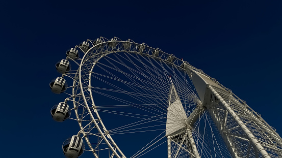 Looking up with fish eye lens at Ain Dubai or Dubai Eye Observation Wheel on BlueWaters Island in Jumeirah