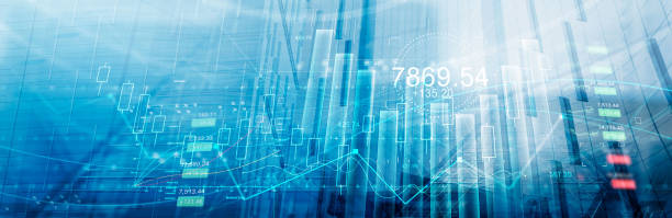 istock Stock market business and finance graphs and digital indicators on global data networking. Financial analytics, Rate exchange and profit  on blue city background. 1438294052