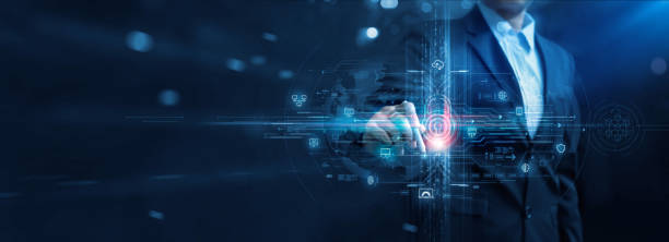 istock Digital crime and internet network security system, Businessman touch Padlock icon and protecting data personal on interface. Data protection privacy. Security and encryption cybernetics. GDPR. EU. 1438294937