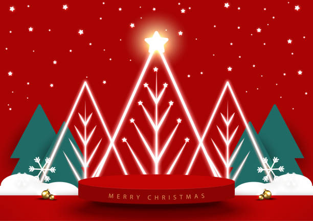 istock Empty Red podium for product display decorated with neon light design Christmas trees on Red background. Abstract Christmas background. Vector illustration. 1438295574