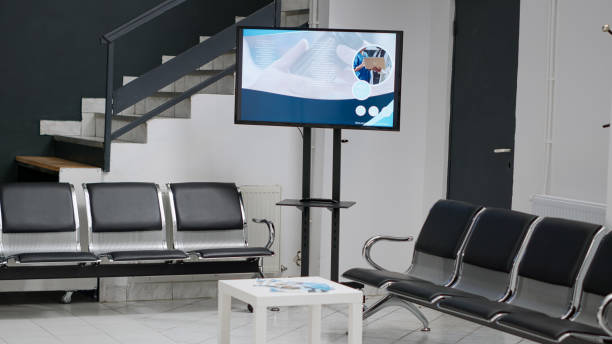istock Hospital waiting room in facility lobby with empty chairs 1438296694