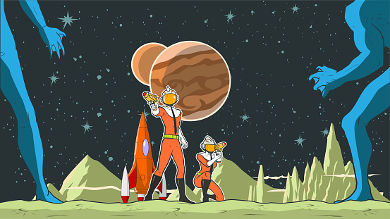 A retro style pop art vector illustration of a couple of astronauts landed on an alien planet pointing guns at aliens that approach them. Easy to edit. Wide space available for your copy.
