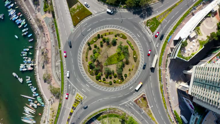 Aerial view of a traffic roundabout.