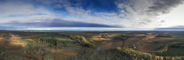 panoramic autumn colored view to the swampy river floodplain and marshes - drumlin imagens e fotografias de stock