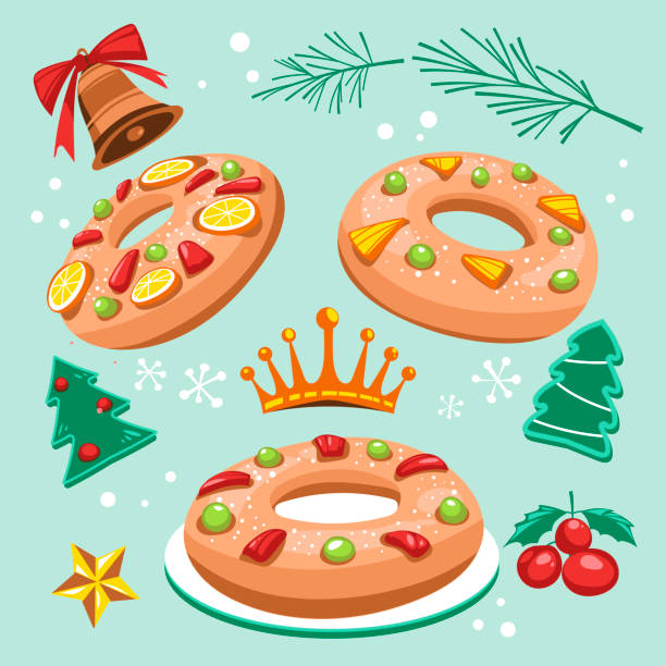 ilustrações de stock, clip art, desenhos animados e ícones de roscon de reyes or king's cake. is spanish traditional epiphany day pastry - bolo rei