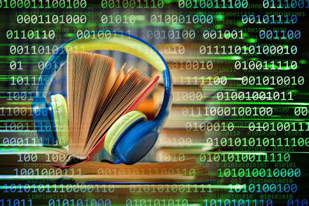 Close-up of headphones with stacks of books on a binary code background. Can illustrate the concept of electronic audio books.