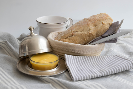 Healthy Bread, Ciabatta with Black Olive , served with Butter in Vintage Silver Butter Holder