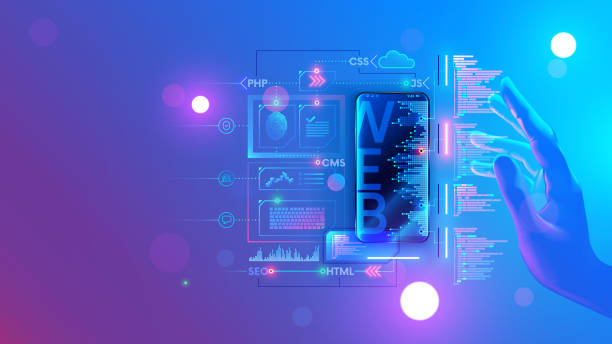 projektowanie ui ux dla aplikacji mobilnej na telefon. koncepcyjna ilustracja strony internetowej web develop. tworzenie oprogramowania aplikacji na smartfony. projektowanie stron internetowych mobilnego układu strony internetowej. technologia cyfrowa. - projektowanie stron internetowych stock illustrations